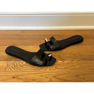 Tory Burch Pierced Leather Slides Sandals Black Gold Size 9.5 Shoes Thong